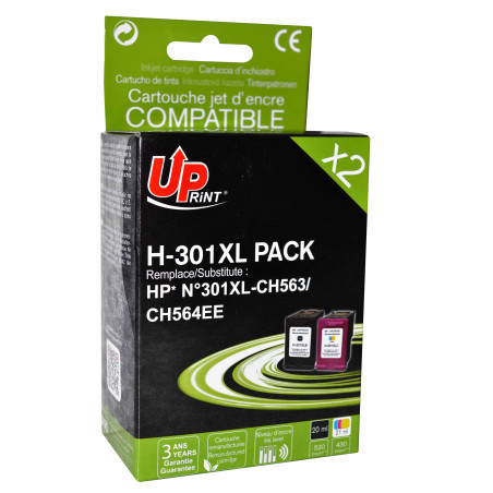 UPRINT PACK 2 CARTOUCHES REMANUFACTUREES HP 301XL-REMPLACE CH563EE/CH5