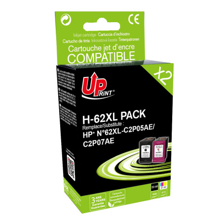 UPRINT PACK 2 CARTOUCHES REMANUFACTUREES HP 62XL SANS NIVEAU ENCRE-REM